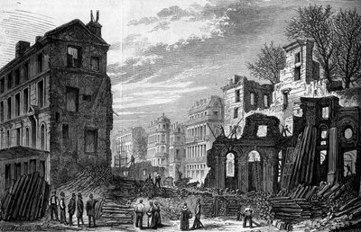 Transformations de Paris sous le Second Empire, Paris Haussmann : percement du boulevard Saint Germain, vue prise de la rue Saint Dominique. Gravure de 1870. - French School