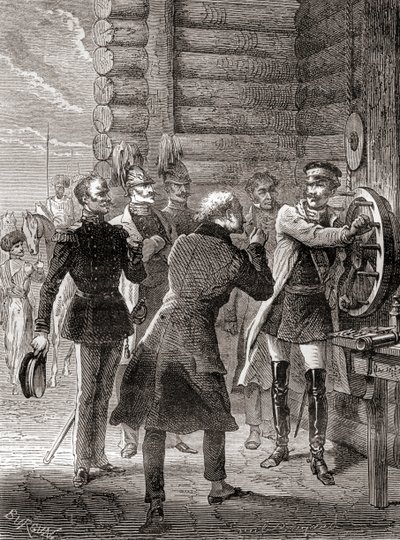 Le tsar Nicolas Ier inaugurant la ligne télégraphique à sémaphore entre Moscou et Varsovie en 1833, utilisant une modification du système de sémaphore de Claude Chappe, des Merveilles de la Science, publié vers 1870 (gravure) - French School
