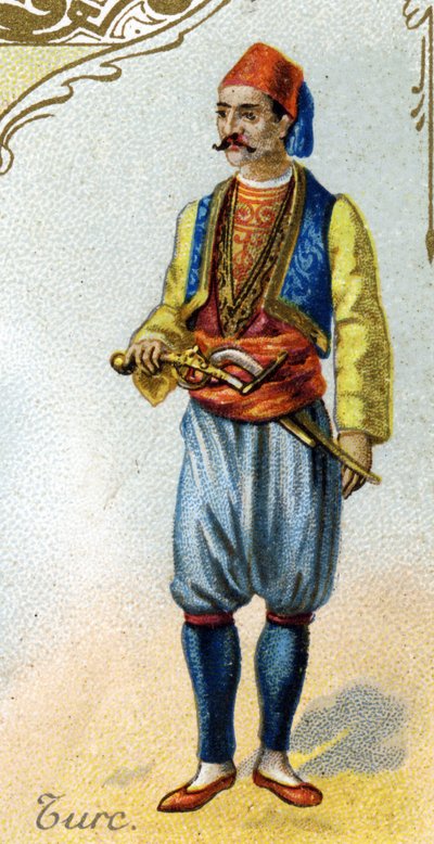 Homme turc. Édition la lithographie parisienne, fin du 19e siècle. Série de 25 chromos publicitaires pour la manufacture de Biscuits Pernot de Dijon, créée en 1869. Détail des personnages en costume traditionnel - French School