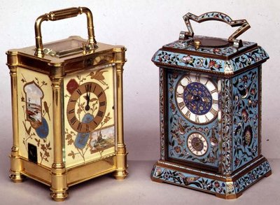 Deux horloges de voiture françaises avec décoration émaillée, vers 1870 - French School