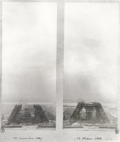 Deux vues de la construction de la Tour Eiffel, Paris, 12 décembre 1887 et 15 mars 1888 - French School