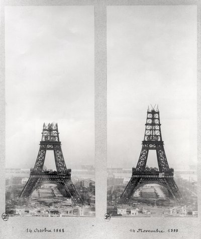 Deux vues de la construction de la Tour Eiffel, Paris, 14 octobre et 14 novembre 1888 - French School