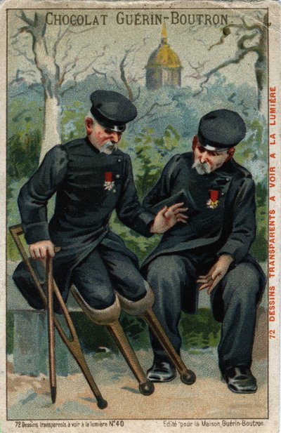 Deux invalides de guerre : un cul-de-jatte parlant à un manchot. Chromolithographie du 19ème siècle - French School