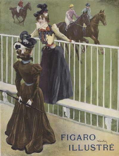 Deux femmes bien habillées à un hippodrome - French School