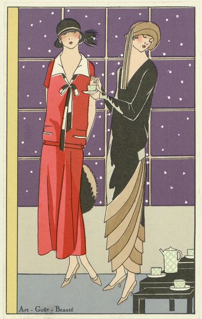 Deux femmes prenant le thé et habillées en créations de Jean Patou et Beer, de Art-Goût-Beauté pub. 1924 - French School