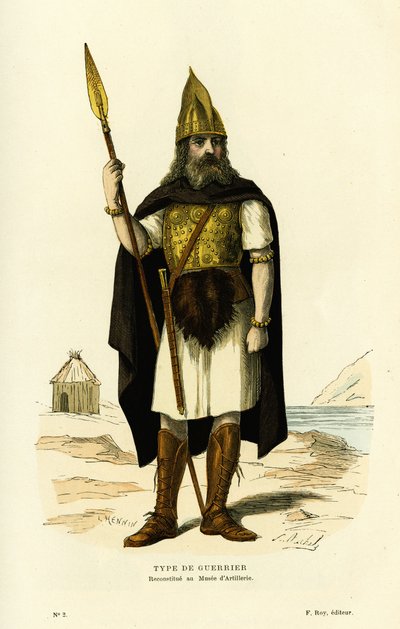 Type de guerrier gaulois, avec lance et épée nydam. Gravure en couleurs d