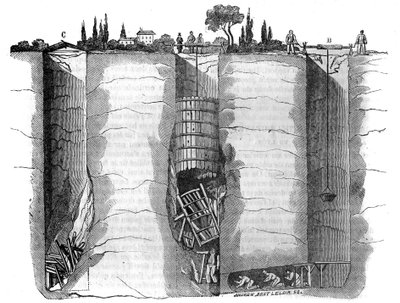Faits divers : découpe du puits et sauvetage des puits utilisés pour débloquer un ouvrier de puisard resté coincé après un glissement de terrain pendant plusieurs jours, Champvert, près de Lyon. Dans « Le magasin pittoresque » 1836 - French School