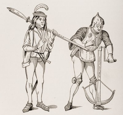 Varlet ou écuyer portant une hallebarde à lame épaisse et un archer tirant une corde d