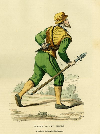 Costume de veneur, chargé de la chasse aux chiens courants, au XVIIe siècle. Gravure en couleur d