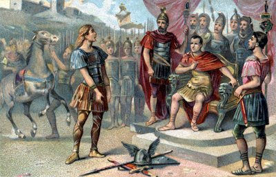 Vercingétorix, chef gaulois, se rend à Jules César en 52 av. J.-C. - French School