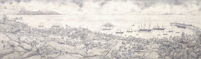 Vue de Papeete, Tahiti, surplombant le port vers Moorea, milieu du 19ème siècle - French School