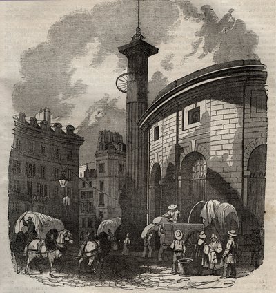 Vue de la halle au blé à Paris (construite en 1763-1769) et de la colonne Médicis, gravure début XIXe siècle - Vue de la Halle au blé, située à l