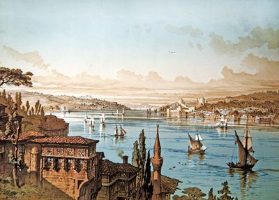 Vue des navires sur le Bosphore et le château de Rumeli Hisari avec Istanbul au loin - French School