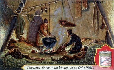 Façons de dormir : couche de Lapon sur peaux de renne et mousse. Chromolithographie emballage Liebig - French School