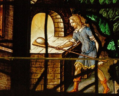 Fenêtre Charnier-13 représentant les boulangers au travail et une scène d