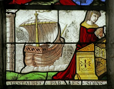 Vitrail représentant une donatrice et un bateau - French School