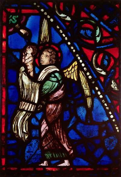 Vitrail représentant un ange présentant une âme à Dieu le Père, atelier d