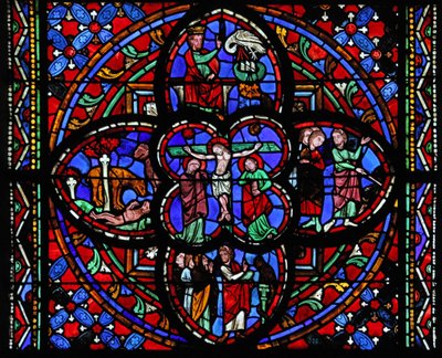 Fenêtre représentant la troisième section de la fenêtre w0 avec la Crucifixion : aussi Moïse frappant le rocher à Horeb ; le serpent d
