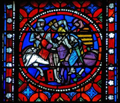 Fenêtre s1-R représentant une scène du voyage de Saint Bonnet à Rome ; le roi Aripert blesse mortellement un chevalier - French School