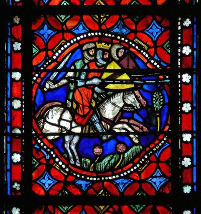 Fenêtre s1-R représentant une scène du voyage de Saint Bonnet à Rome : le roi Aripert de Pavie combat les barons - French School