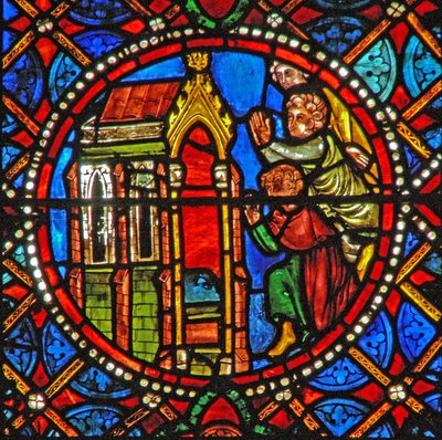 Fenêtre s4 représentant le tombeau de Sainte Agathe avec des pèlerins de loin et de près - French School