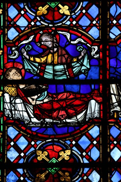 Fenêtre w04 représentant la Charité de Saint Martin : il divise son manteau et celui-ci est rendu par le Christ - French School