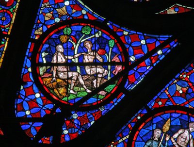 Fenêtre w115 représentant Adam et Ève sous un arbre avec des animaux et des oiseaux - French School