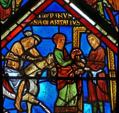 Scène dans la fenêtre du Bon Samaritain : le Samaritain emmène le pèlerin à une auberge - French School