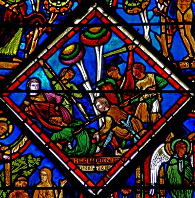 Scène dans la fenêtre du Bon Samaritain : le pèlerin est attaqué - French School