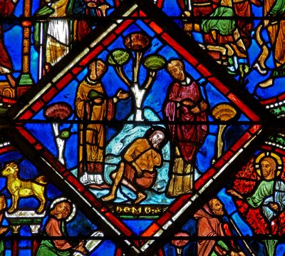 Scène dans la fenêtre du Bon Samaritain : le pèlerin est ignoré par un prêtre et un Lévite - French School