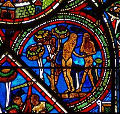 Fenêtre du Bon Samaritain : Adam et Ève mangent le fruit défendu - French School
