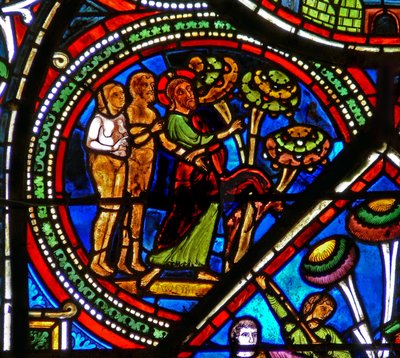 Fenêtre du Bon Samaritain : Dieu montre le fruit défendu à Adam et Ève - French School