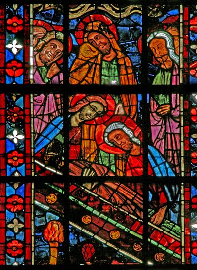 Fenêtre w201 représentant les funérailles de la Vierge Marie - les Apôtres se rassemblent - French School