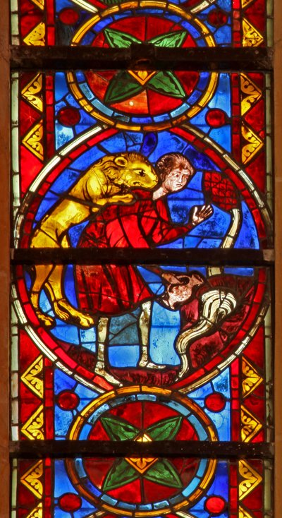 Scène de la vie de Saint Thomas : un lion attaque le cupbearer alors qu