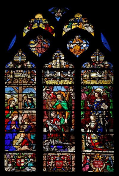 Fenêtre w6 représentant la Nativité avec les bergers; donateurs Gaspard de Coligny et son épouse et saints patrons - French School