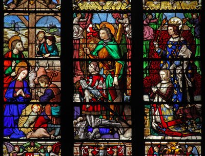 Fenêtre w6 représentant la Nativité avec les bergers; donateurs et saints patrons - French School