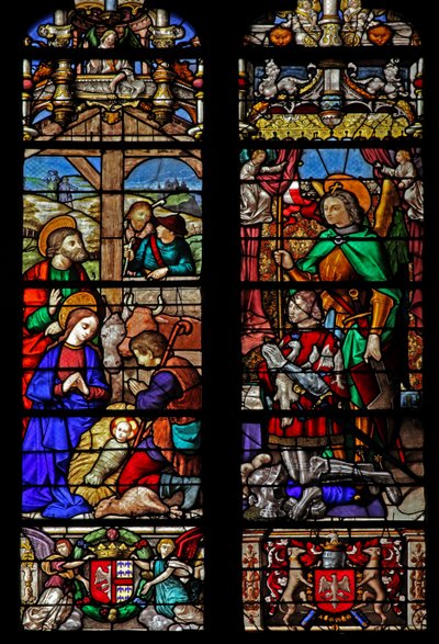 Fenêtre w6 représentant la Nativité avec les bergers; les donateurs regardent - French School