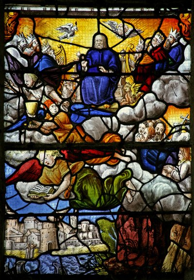 Fenêtre w7 représentant une scène du Livre de la Révélation de Saint Jean : le Trône dans le Ciel : les quatre Bêtes Sacrées - French School