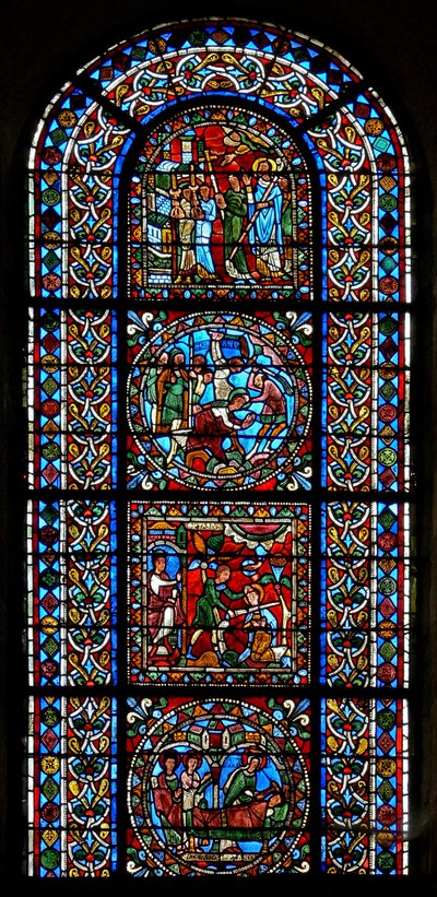 Fenêtre wXXI représentant une fenêtre composite de 4 panneaux, trois en lien avec Saint Gervais et Saint Protais - French School