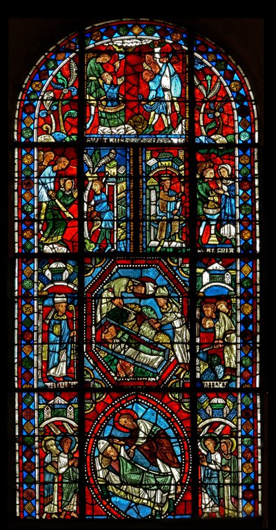 Fenêtre wXX représentant une fenêtre composite concernant les reliques de Saint Gervais et Saint Protais et le Martyre de leurs parents Saint Vital et Valérie - French School