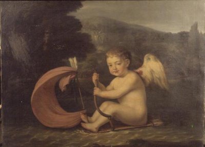 Cupidon ailé, naviguant sur un bateau avec une coque en carquois et un mât en flèche, vers 1800 - French School