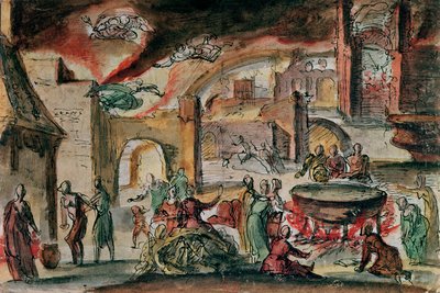 Scène de sorcellerie, probablement un décor de scène, 2e moitié du 17e siècle - French School