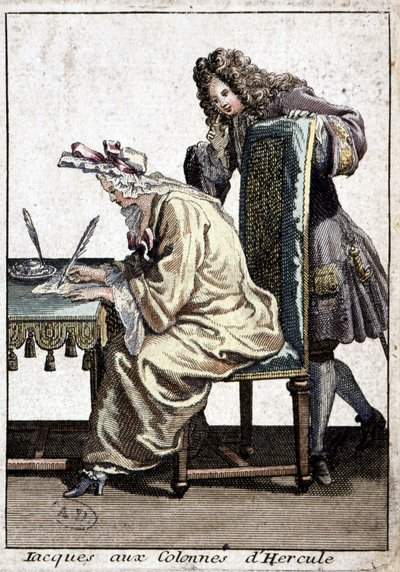 Femme en chemise et bonnet de nuit écrivant une lettre avec un homme - French School