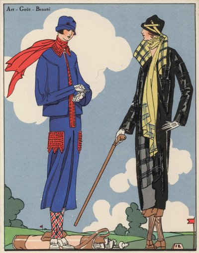 Vêtements de golf pour femmes des années 1920 par les créateurs Martial et Armand, et Christoph Drecoll. (lithographie couleur) - French School