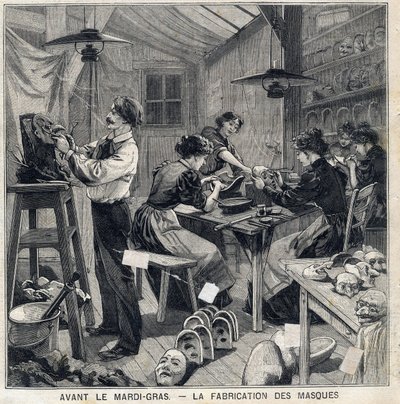 Atelier de fabrication de masques pour les déguisements du carnaval de Mardi Gras. Dans « Le Petit Parisien » du 14/02/1897 - French School