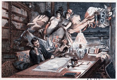 Écrivain à sa table de travail inspiré par des femmes nues et des angelots - dans « Menus-propos d