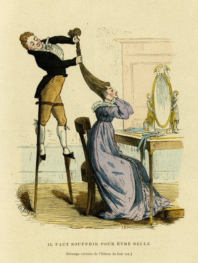 Il faut souffrir pour être belle, dessin satirique où un coiffeur monte sur un escabeau pour préparer la coiffure d