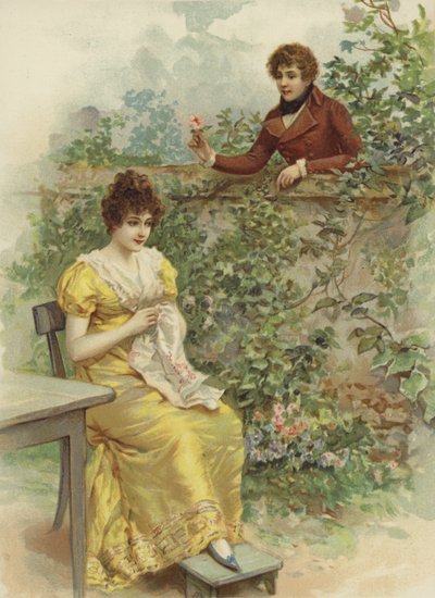 Jeune femme, approchée par un prétendant avec une fleur par-dessus le mur - French School