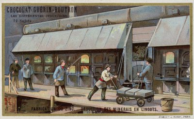 Fabrication de zinc. Réduction du minerai en lingots - French School
