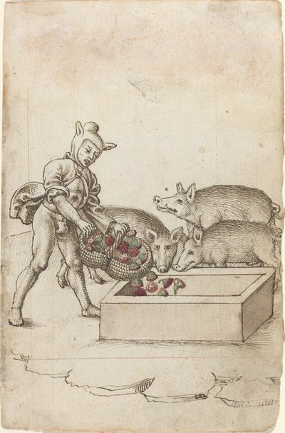 Un fou nourrissant des fleurs à des porcs [fol. 42 recto] - French early 16th Century